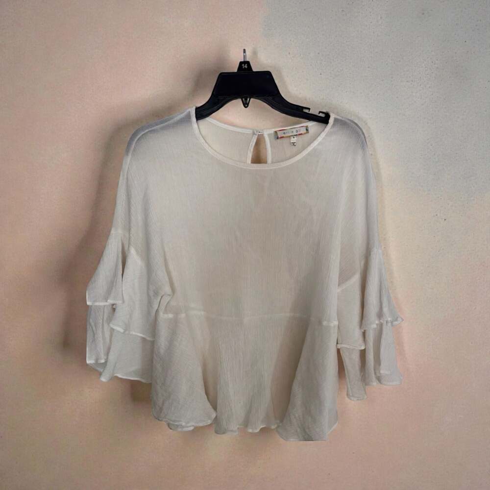 Eri + Ali Anthropologie White Textured Ruffle Bell Sleeve Fairy Coquette Blouse